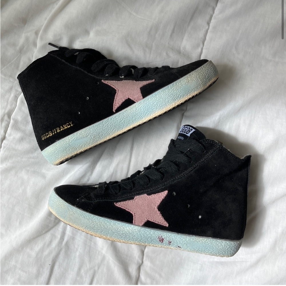 Golden Goose Black Suede High-Top Sneakers with Pink Star.